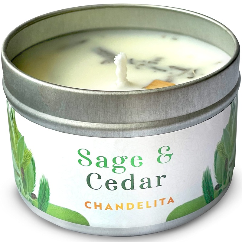 Chandelita fragrance candle aroma candle with essential oils natural made of sage and cedar – with pieces with soy wax for cleaning and meditation – chakra candle – aromatherapy candle