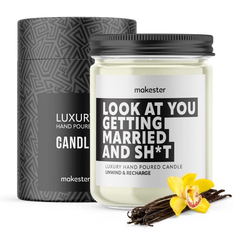 Engagement Candle – 220g Soy Wax with Madagascan Vanilla Jasmine & Sugared Almond – Funny Wedding or Engagement Gifts for Bride to Be – Funny Candles by Makester