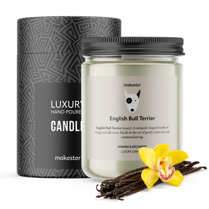 English Bull Terrier Candle – 220g Soy Wax with Madagascan Vanilla Jasmine & Sugared Almond – English Bull Terrier Gift – Dog Candles by Makester