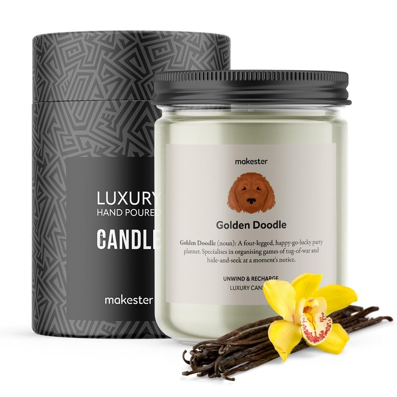 Golden Doodle Candle – 220g Soy Wax with Madagascan Vanilla Jasmine & Sugared Almond – Golden Doodle Gift – Dog Lover Candles by Makester
