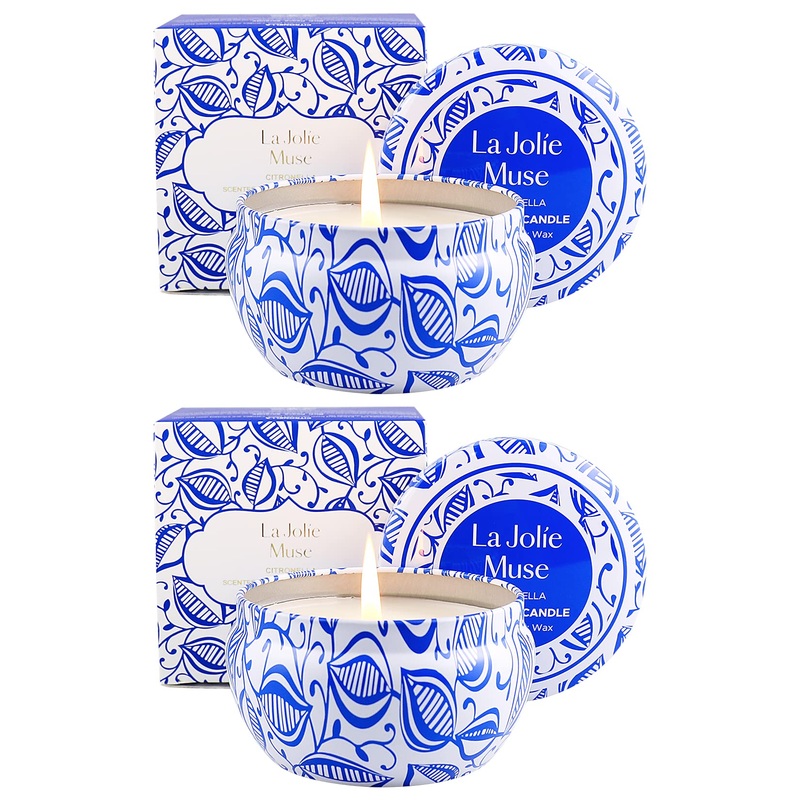 La Jol e Muse Citronella Candles in Tin Set of 2 185g*2 (6.5oz*2) Soy Wax Citronella Oil Outdoor Candle 35-45 hrs*2 Candle Gift Set