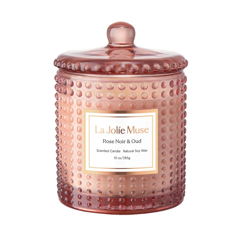 La Jolie Muse fragrance candle in a glass Damascen rose fragrance candle natural wax candle with floral aroma 75 hours of burning time gift for women 285g rose noir and oud