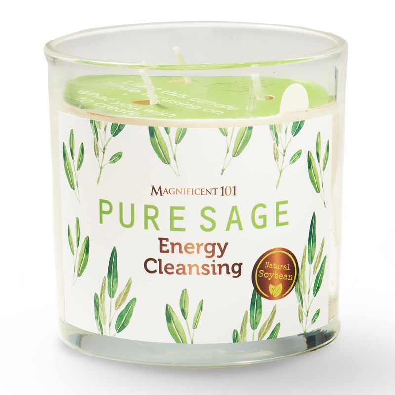 Magnificent 101 aromatherapy candles made of pure sage – 14 ounces – 56 hours of burning time |Very natural and organic soy wax glass candle for energy cleaning cleaning manifestation.14 oz glass