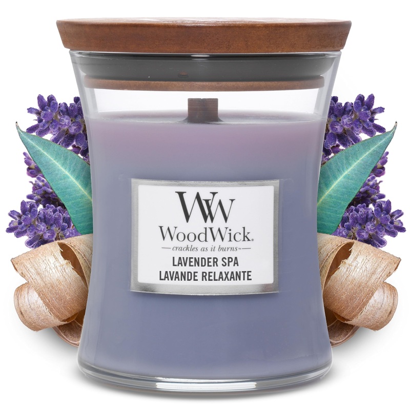 Millefiori Woodwick medium -sized fragrance candle in the hourglass with a crackling wick lavender spa up to 60 hours of burning time medium -sized lavender spa