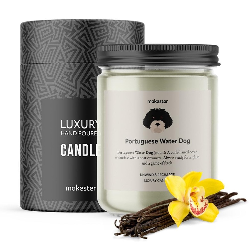 Portuguese Water Dog Candle – 220g Soy Wax with Madagascan Vanilla Jasmine & Sugared Almond – Portuguese Water Dog Gift – Dog Candles by Makester