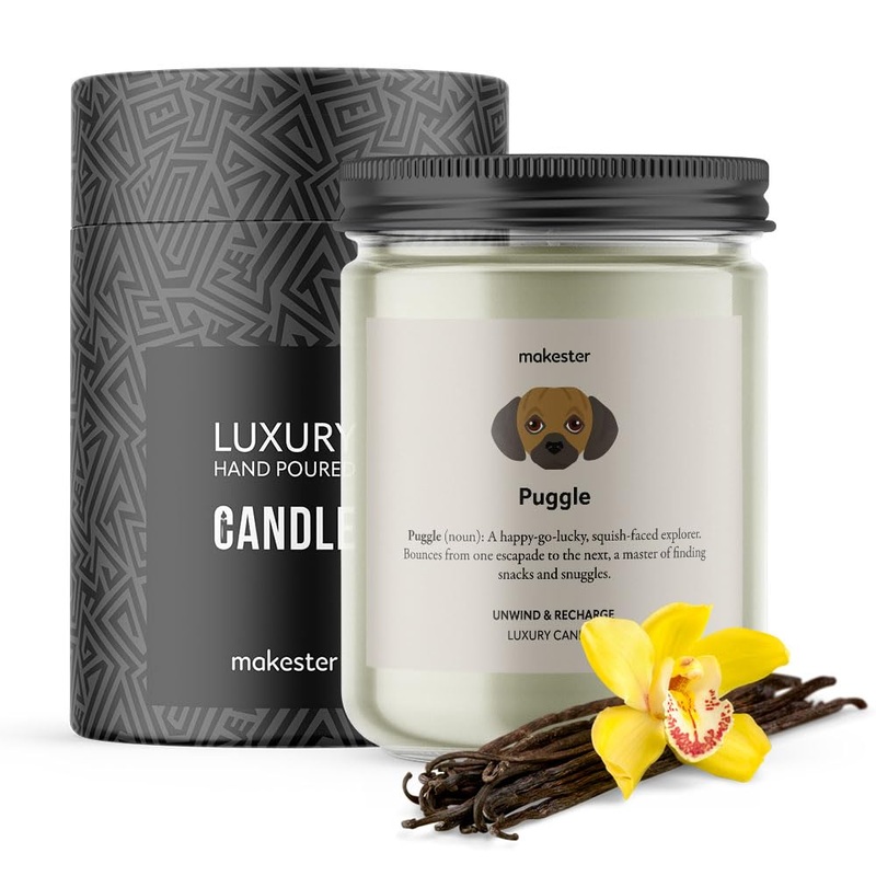 Puggle Candle – 220g Soy Wax with Madagascan Vanilla Jasmine & Sugared Almond – Puggle Gift – Dog Candles by Makester