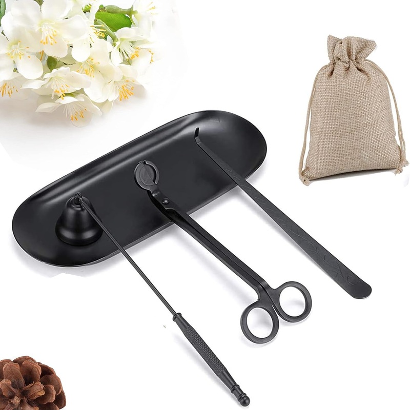 Qeeheng Cerzendochschneide set 4-in-1 candle accessories set candle cutter tool set candlestick set candle extinguisher wick trimmer set with tablet stainless steel cant-care tool candle extinguishing stab set (black)