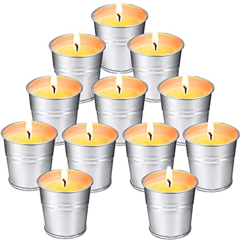 SuperSun 12 piece of candle in a metal bucket 120-180 fuel hours Natural soy wax Citronella fragrance lemon tea lights Outdoor indoor ideal for balcony terrace garden camping