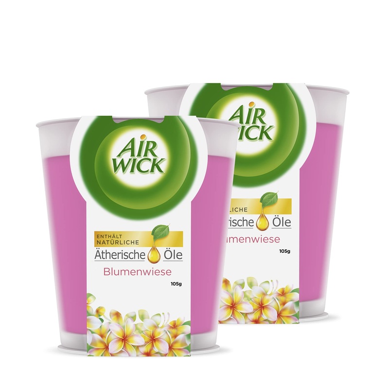 Air Wick feel-good scented candle in a glass Fragrance: Meadow Flowers Contains natural essential oils 2 x scented candles in pink