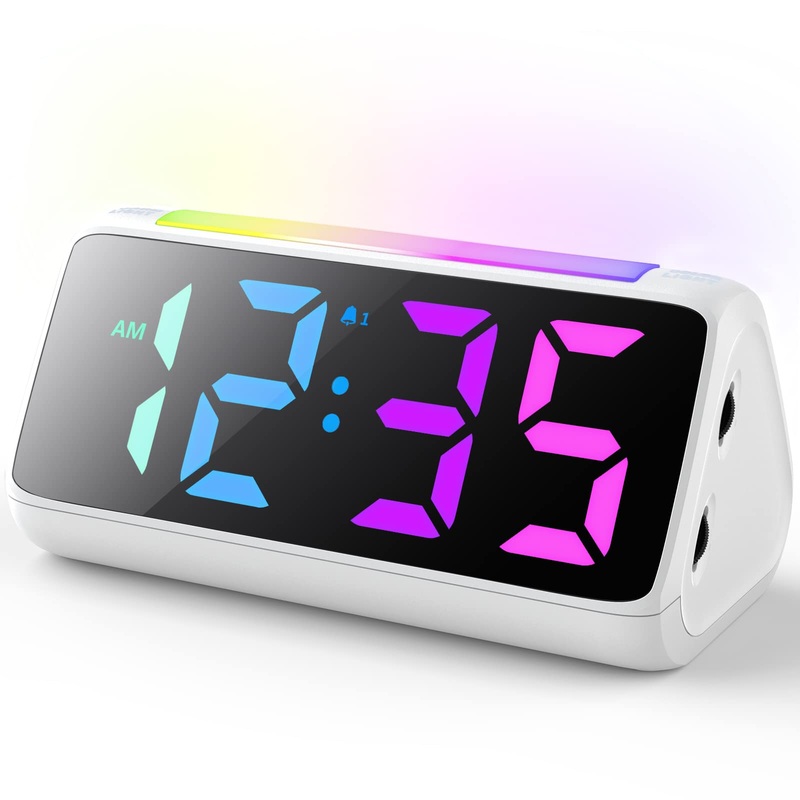 Alarm clock digital digital alarm clock children with light colorful LED display 0-100% brightness dimmer 2 alarms snooze 3 alarm clock thickness USB loading connection children’s alarm for bedroom boy girls white