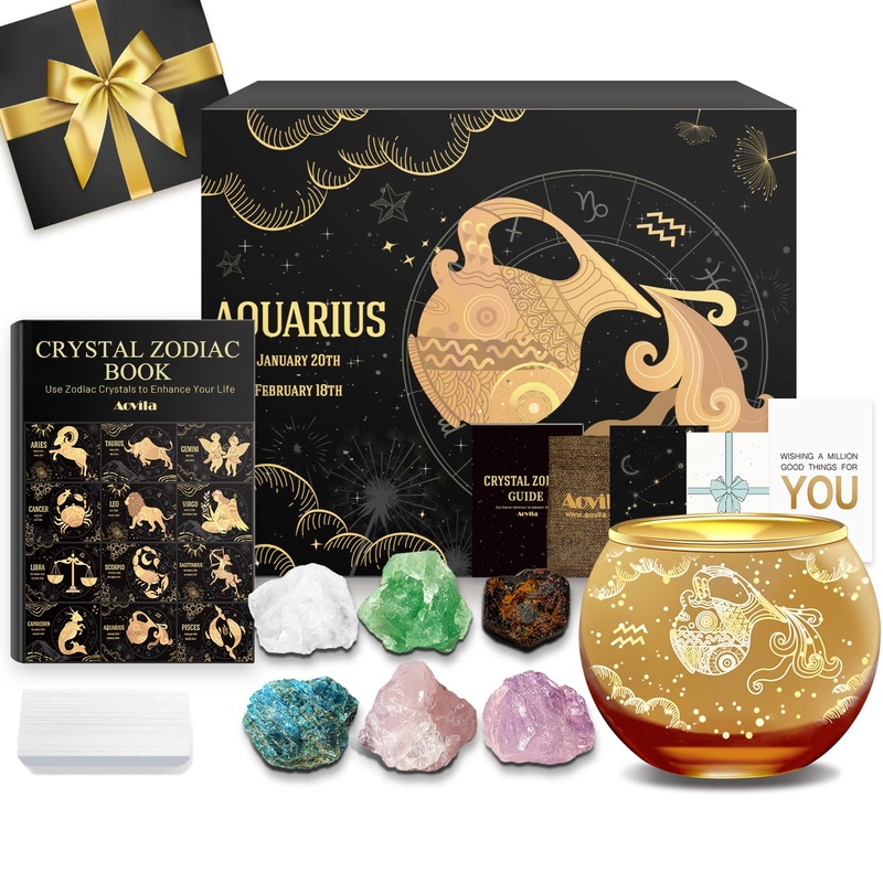 Aovila Aquarius gifts for women Aquarius Tealichter Candlelic Candrum Cryst Stands Crystals Gift Box Set Sodic Sign Astrology Gifts Birthday Gifts For Women Mama Friends Aquarius with Tealight Holder