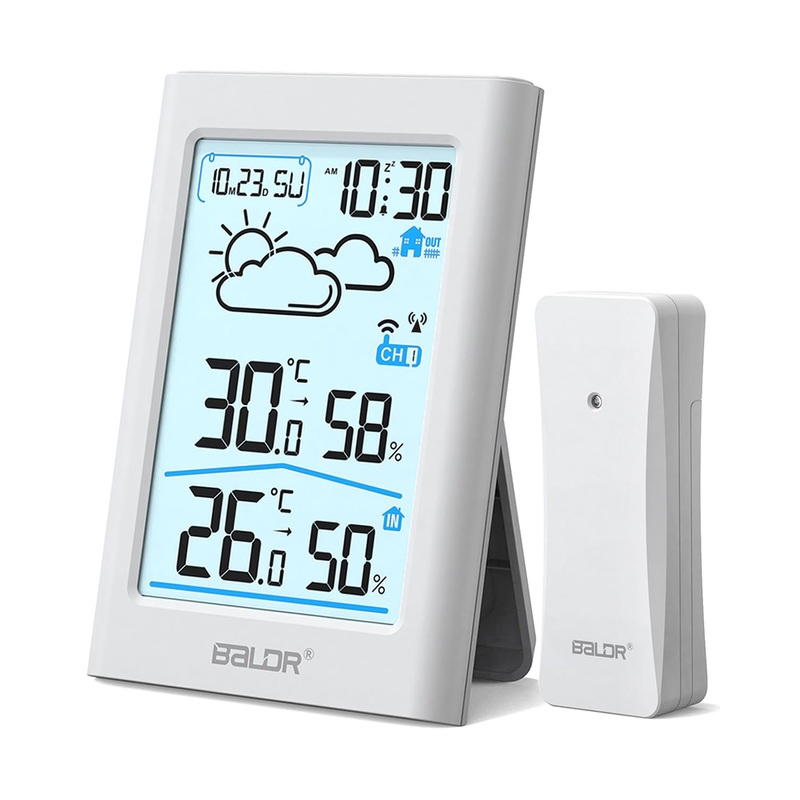 Baldr Weather station Funk with outdoor sensor digital DCF radio clock Inside/outside temperature display room thermometer hygrometer weather forecast clockwork alarm clock 3.7 inch display cream