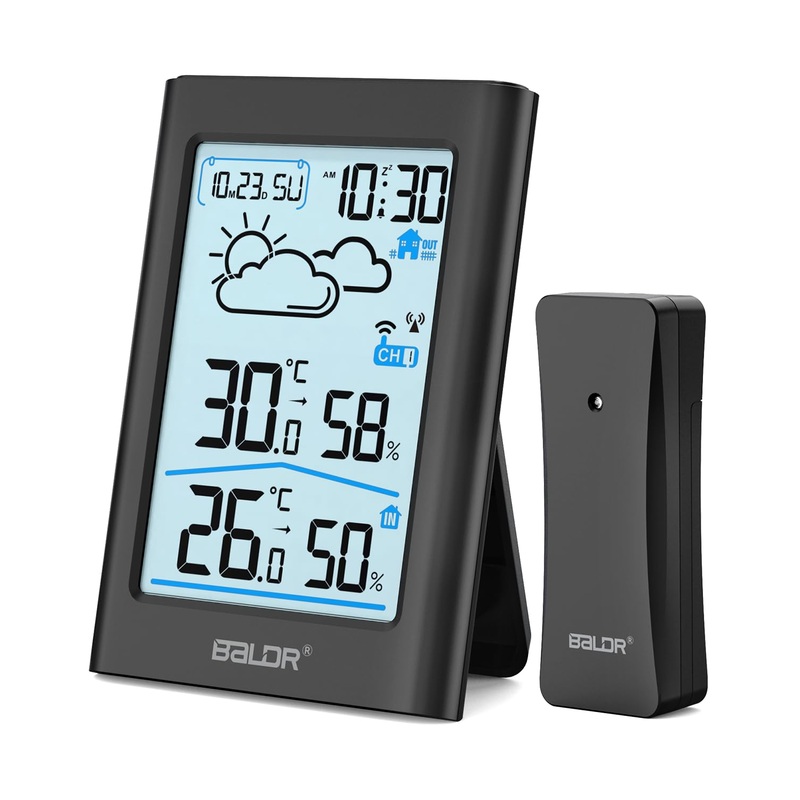 Baldr Weather station Funk with outdoor sensor digital DCF radio clock thermometer inside/outside temperature display radio room thermometer hygrometer weather forecast clockwork alarm clock 3.7 inch display black