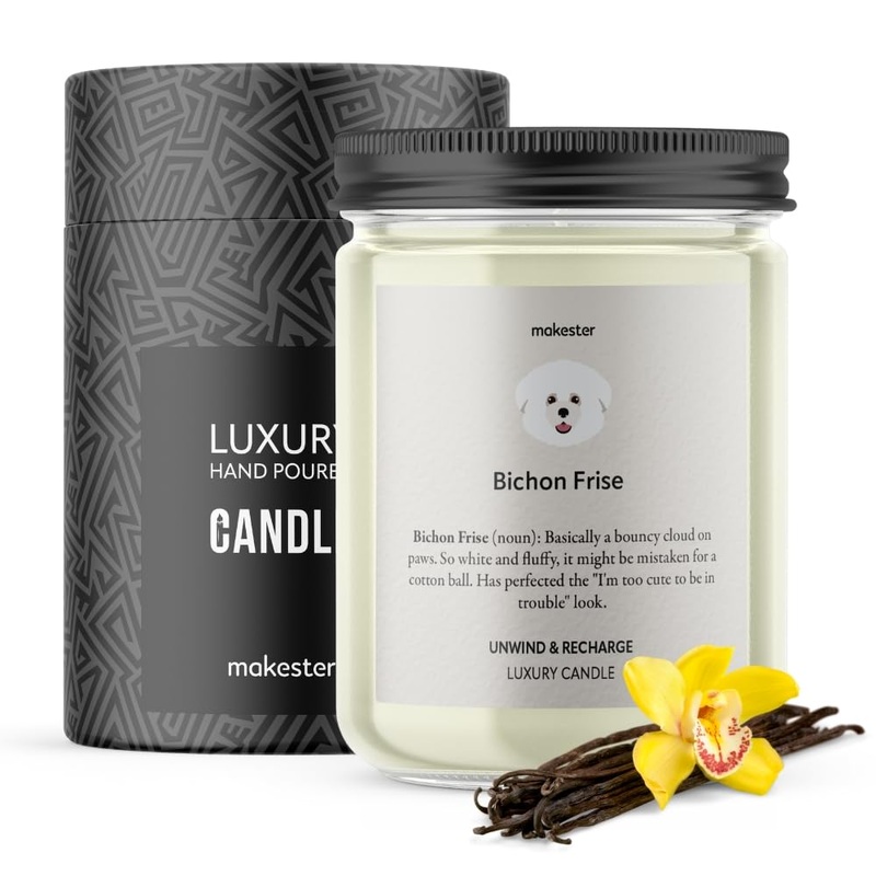 Bichon Frise Candle – 220g Soy Wax with Madagascan Vanilla Jasmine & Sugared Almond – Bichon Frise Gift for Christmas or Birthday – Dog Lover Candles by Makester