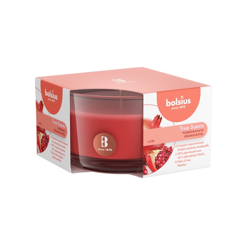 bolsius moods and real scents scented candle in glass pomegranate wax cotton wick red S 302