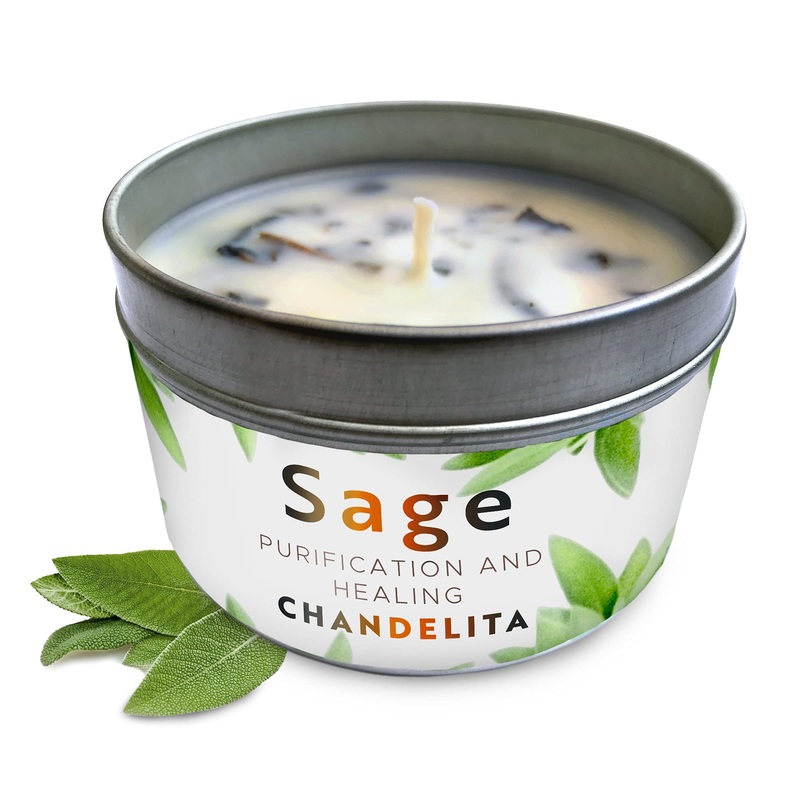 Chandelita aroma candle made of pure sage for blessings and energy in the house sage leaves with soy wax for cleaning relaxation meditation and healing of chakras (1 unit)