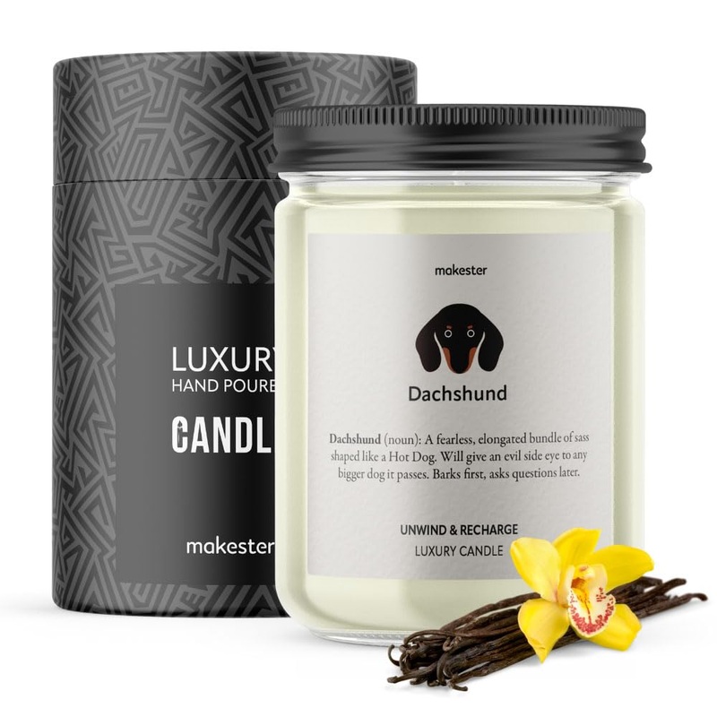 Dachshund Candle – 220g Soy Wax with Madagascan Vanilla Jasmine & Sugared Almond – Sausage Dog Gift for Christmas or Birthday – Dog Lover Candles by Makester