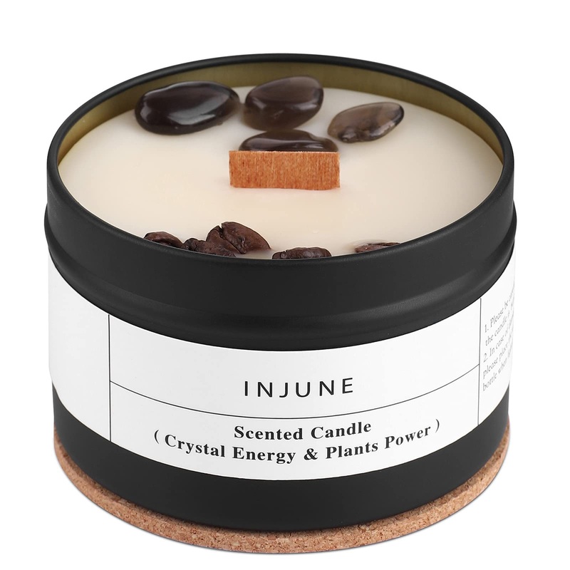 DNAMOFV Injune coffee fragrance candles for dad Father’s day gift wooden dowing candles organic soy candle with obsidian & coffee bean gifts for women men burn 50 hours 200g coffee
