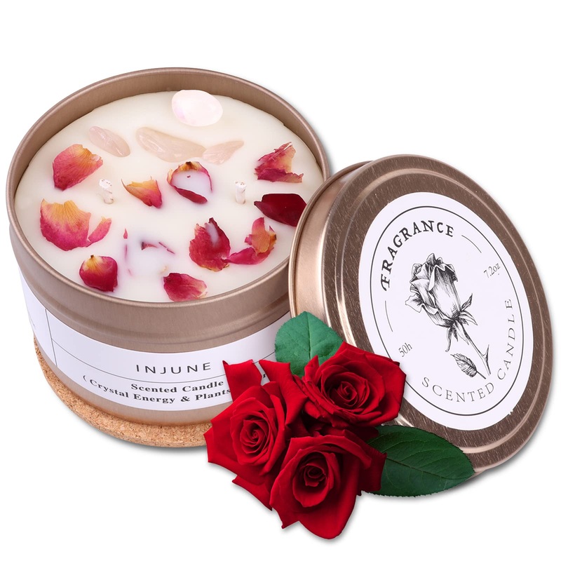 DNAMOFV Mother’s Day fragrance candle candle with rose leaves and natural crystal handmade candles organic soy mother gift birthday 200g/50 hours rose cotton