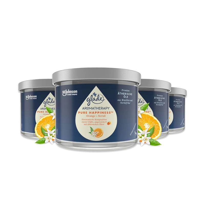 Glade Aromatherapy Essential Oils Scented Candle Pure Happiness Glade Scented Candle With Essential Oils Orange + Neroli 4 x 260g