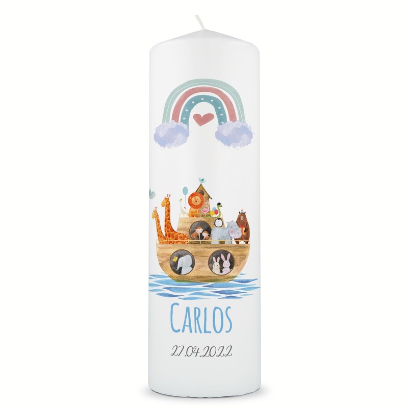 Gravure line printed candle – christening candle ark rainbow – Brilliant printed candle for baptism – personalized baptismal gift for girls & boys – high -quality pumping pairs 250/80 mm – color: blue