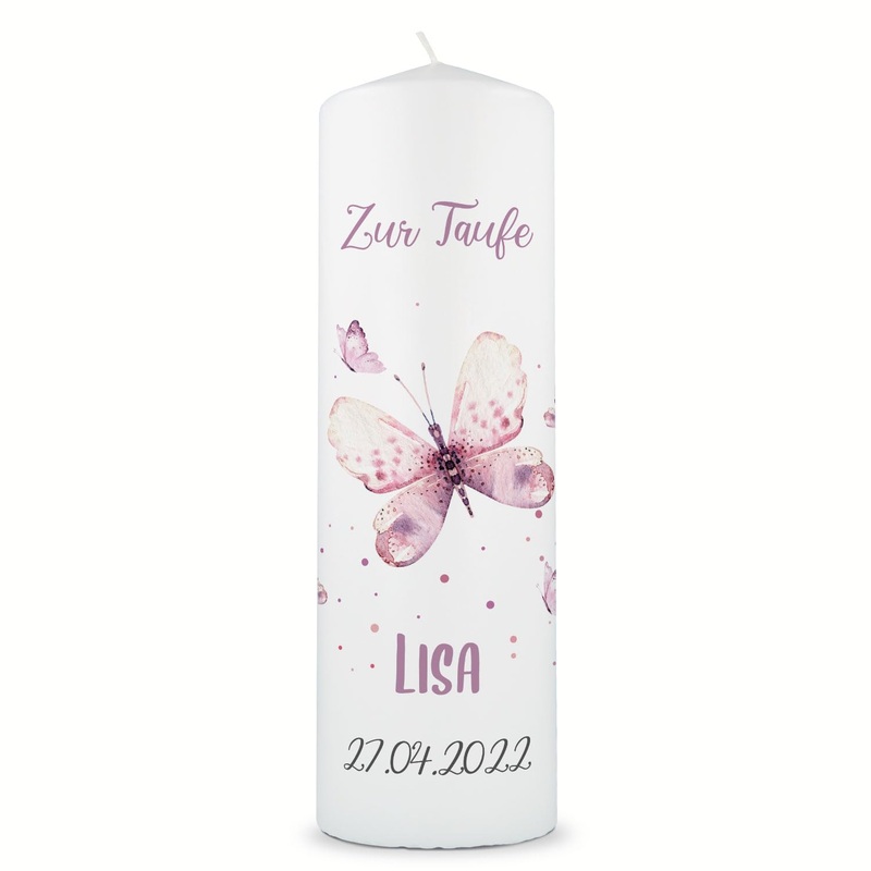 Gravure line printed candle – christening candle butterfly V2 – Brilliant printed candle for baptism – personalized baptismal gift for girls & boys – high -quality stumping cerema 250/80 mm – Color: pink