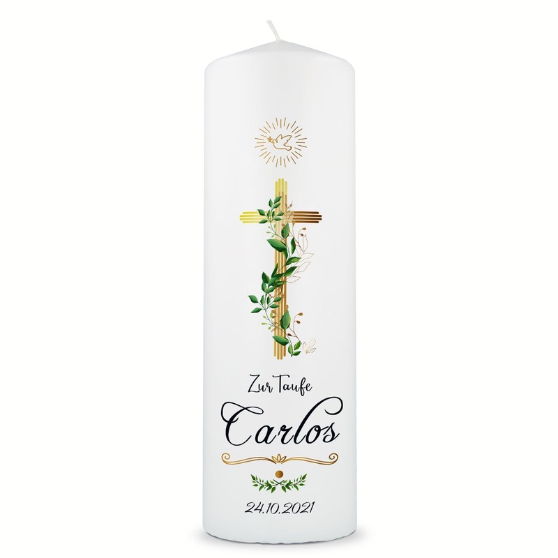 Gravure line printed candle – christening candle golden cross – Brilliant printed candle for baptism – personalized baptismal gift for girls & boys – high -quality stumping pants 250/80 mm