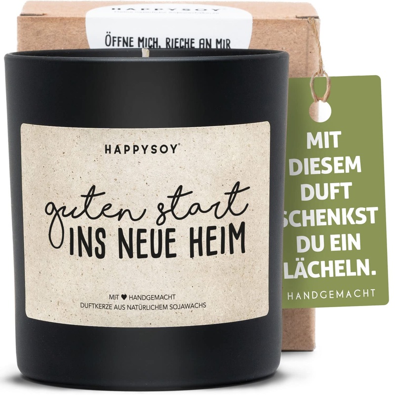 HAPPYSOY housewarming gifts – scented candle in a glass with a saying as housewarming gifts for an apartment or house – handmade and sustainable