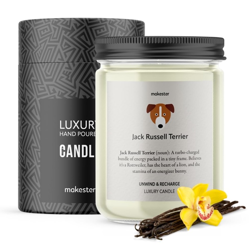 Jack Russell Terrier Candle – 220g Soy Wax with Madagascan Vanilla Jasmine & Sugared Almond – Jack Russell Terrier Gift for Christmas or Birthday – Dog Lover Candles by Makester