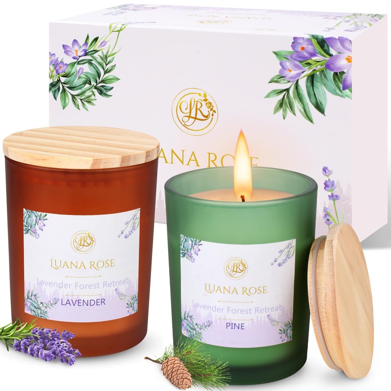 Luana Rose Scented Candles Gift Set – 2x200g Long-lasting Fragrance 100% Natural Soy Wax with Essential Oils – High Quality Gifts for Women Aromatherapy Candle – Scented Candle Set 2 Pieces x 200g Pine & Lavender