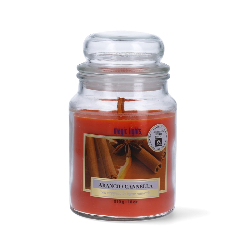 Magic Lights – candle in a glass 510 g orange cinnamon with vegetable wax min. 75% – wick made of natural wood which crackles made in Italy