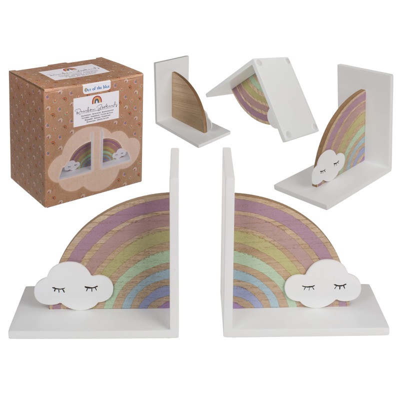 Out of the blue wooden bookend rainbow with cloud 15.5 x 15.5 x 10 cm set of 2 in gift packaging