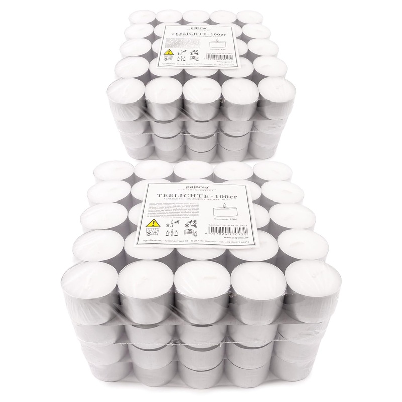 pajoma tea lights 200 pieces white | unscented tea lights | burning time: 8 hours – 20 g wax weight 25 x 38 mm | catering wedding decorating celebrating relaxing outdoor party