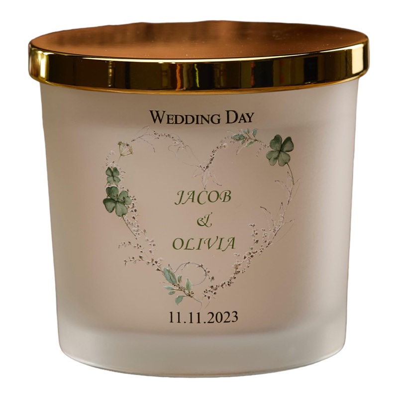 Personalised Large Double Wick Wedding Candle Gift with Green Clover Heart (French Cade Lavender)