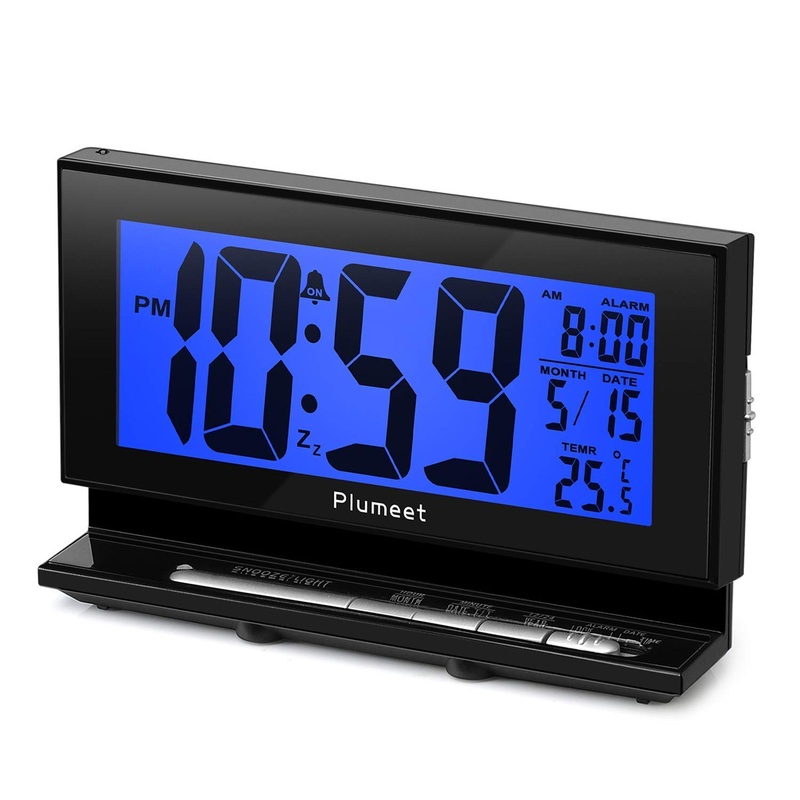 Plumeet Digital alarm clock with automated night light temperature display slumber function large LCD letters simple settings battery operations (blue light)