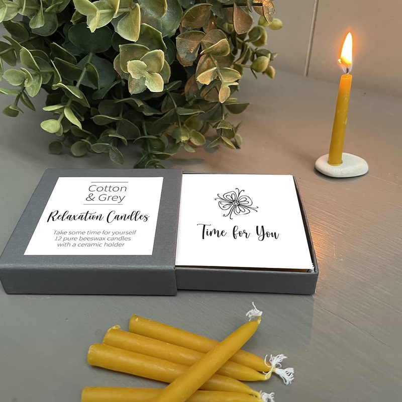 Relaxation Candles by Cotton & Grey. 12 Pure Beeswax Candles and a Ceramic Holder to aid Relaxation Mindfulness and Well-Being