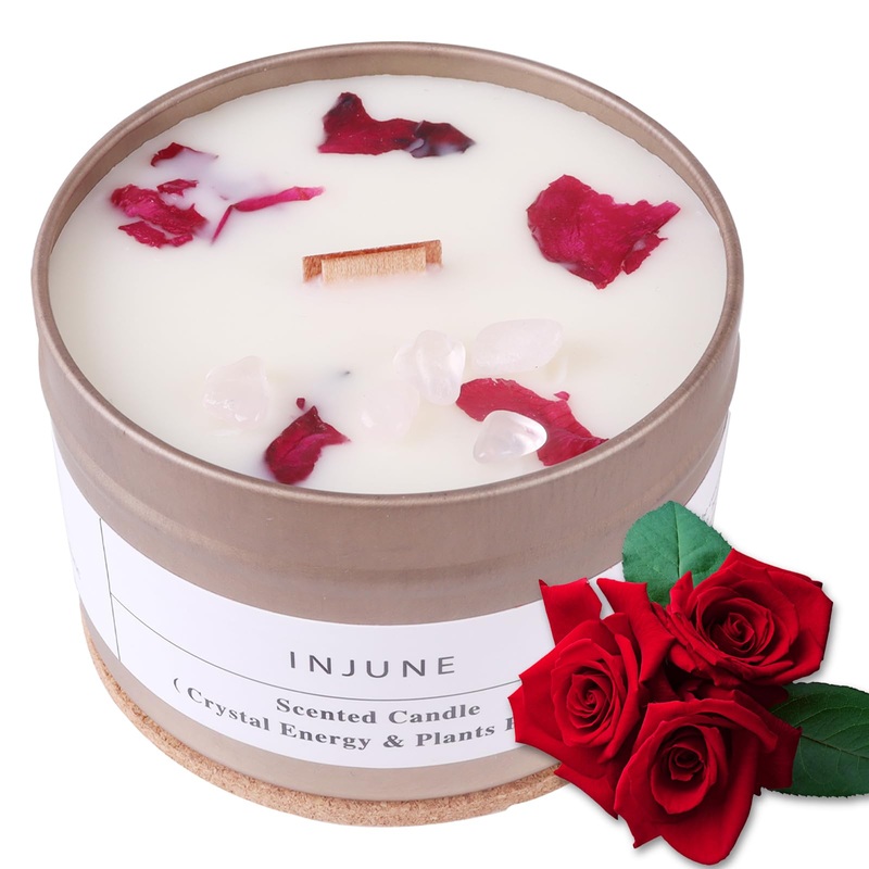 Rose fragrance candle candles with wooden dot candle gift for women Mother’s Day gift 100% handmade candles with crystal 200 g/50 hours of rose wooden