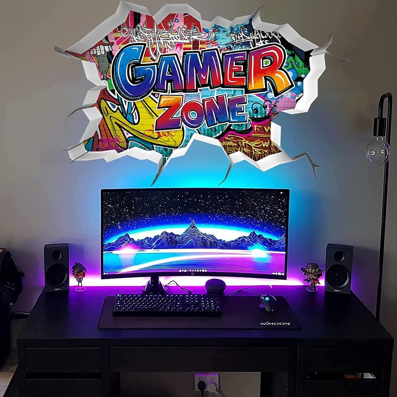 TOARTi Gamer Zone 3D Wall Stickers for Gamer Bedroom Accessories Gaming Vinyl Wall Decal Video Game Removable Wall Art Playstation Decor for Teens (Blue)