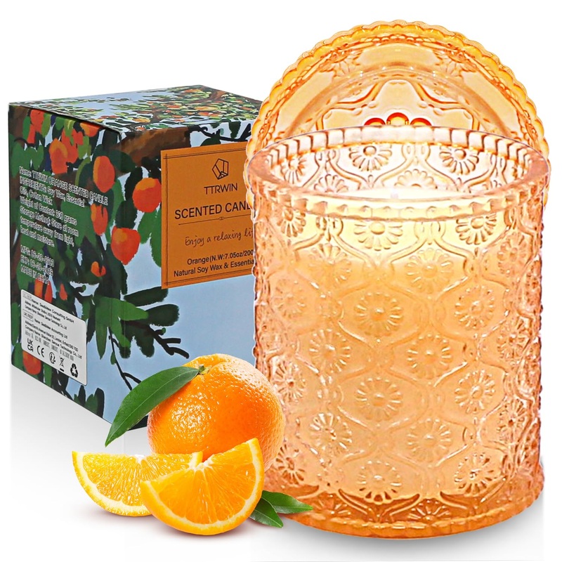 TTRWin fragrance candle in beautiful glass fragrance orange 200g candle made of natural soy wax 50 hours of burning time gift for women decoration for Christmas birthday Mother’s Day