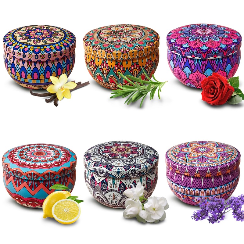 VETOUR Candles Gifts for Women Scented Candles Set Natural Soy Wax Aromatic Candles 6 Tins 2.5oz Portable Travel Jar Candles for Air Cleaning Bath Yoga Stress Relief Gifts Retro 6pc