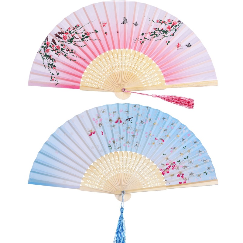 2 Pieces Folding Fans Handheld Fans Bamboo Fans with Tassel Women’s Hollowed Bamboo Hand Holding Fans for Wall Decoration Gifts (Pink Peach Blossom and Blue Cherry Pattern) Blue Pink