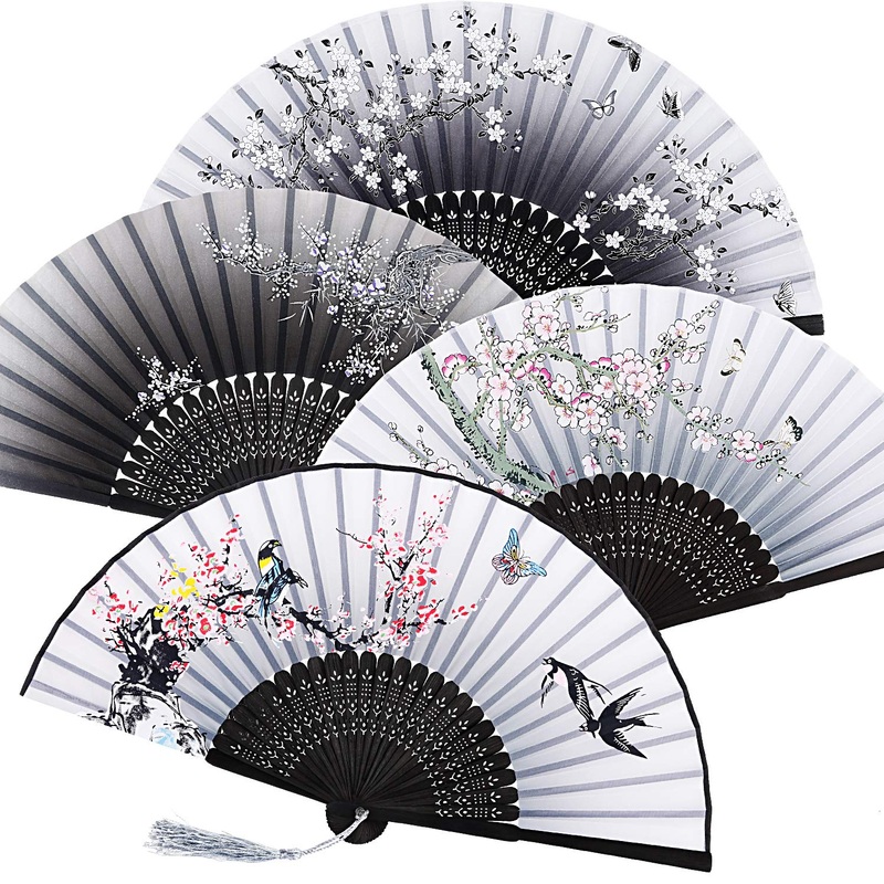 4 Pieces Folding Fans Handheld Fans Bamboo Fans with Tassel Women’s Hollowed Bamboo Hand Holding Fans for Wall Decoration Gifts (Gray Gradient Pink Plum Blossom Black Gradient Pink Peach Blossom) Black Gray