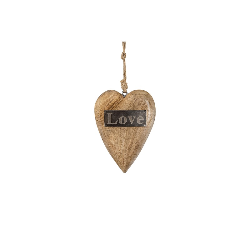 Creative Co-op Mango Wood Hanging Heart with Metal Love Brown 8″ Tall