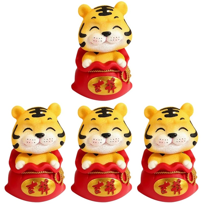 Hoement 4 pcs year of the tiger bobble head ornament lucky fortune figurine chinese zodiac toys office decoration cute forest office tables Home Adornment resin to rotate animal the sign Red 1x4pcs 6X6X9.5CMx4pcs