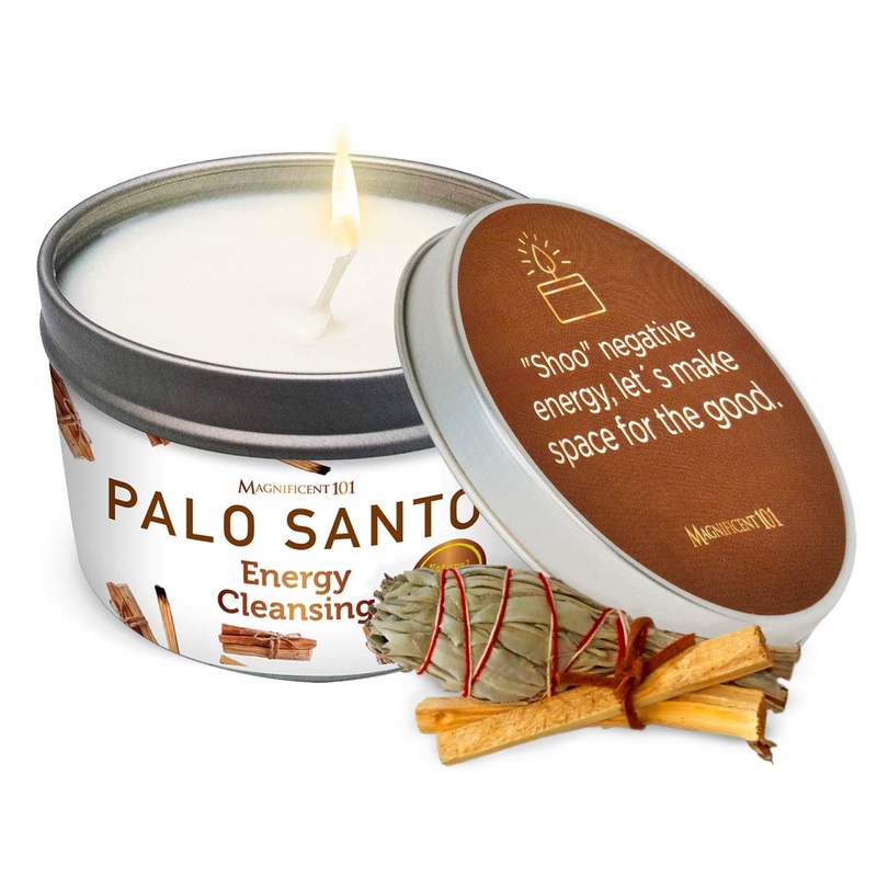 Magnificent 101 Palo Santo Smudge Candle for at home energy cleaning aromatherapy and chakra healing natural soy wax essential oils 170 g can holder Palo Santo – Energy Cleansing