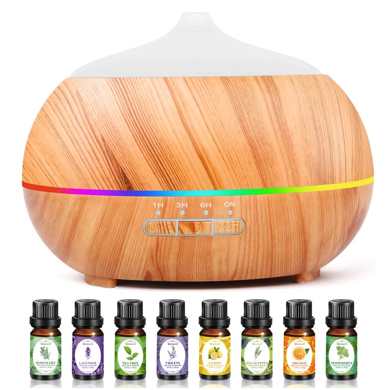 Moisturnt aroma diffuser for fragrance oils ultrasound humidifier: 500ml aromatherapy oil diffuser with aroma oil set-Cool manure space humidifier with 7-colored LED light for at home office bedroom
