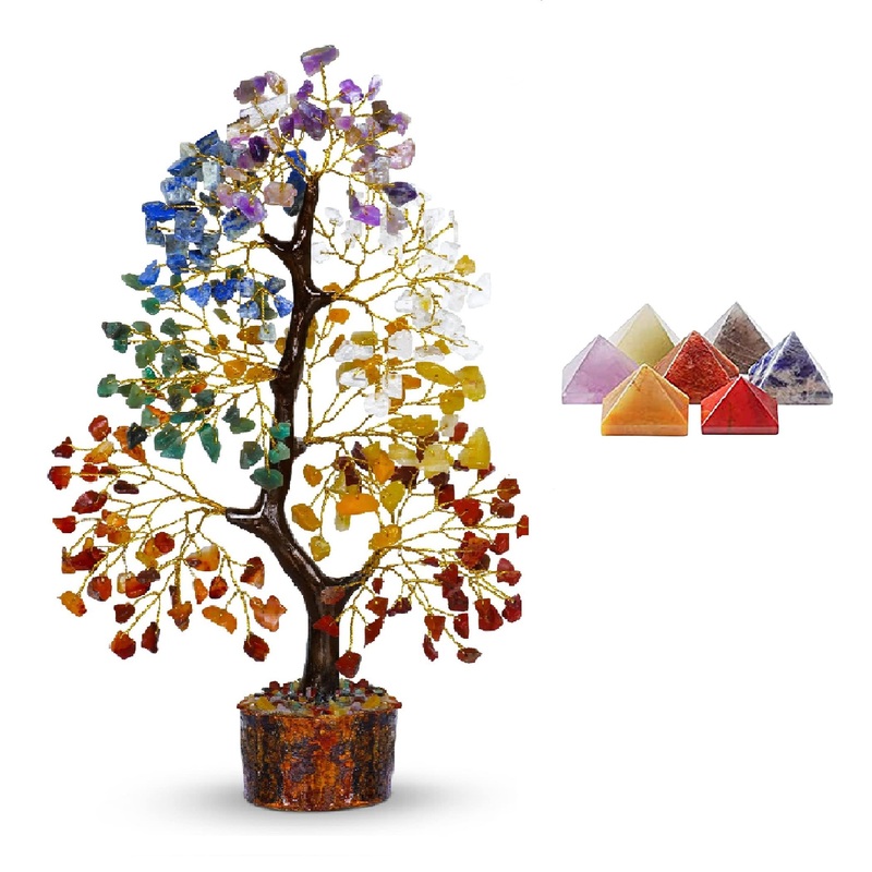 PYOR Crystal Tree for Positive Energy – 7 Chakra Pyramid – Healing Crystals and Stones – Feng Shui – Home Decor – Spiritual Gifts Seven Chakra & Gemstone Pyramid