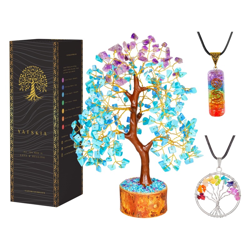 YATSKIA Amethyst and Turquoise Crystal Tree of Life – Crystal Decor – Good Luck Charms – Spiritual Gifts – Meditation Decor – Crystal Gifts for Women – Gemstones and Crystals – Gemstone Tree Turquoise and Amethyst Golden Wire