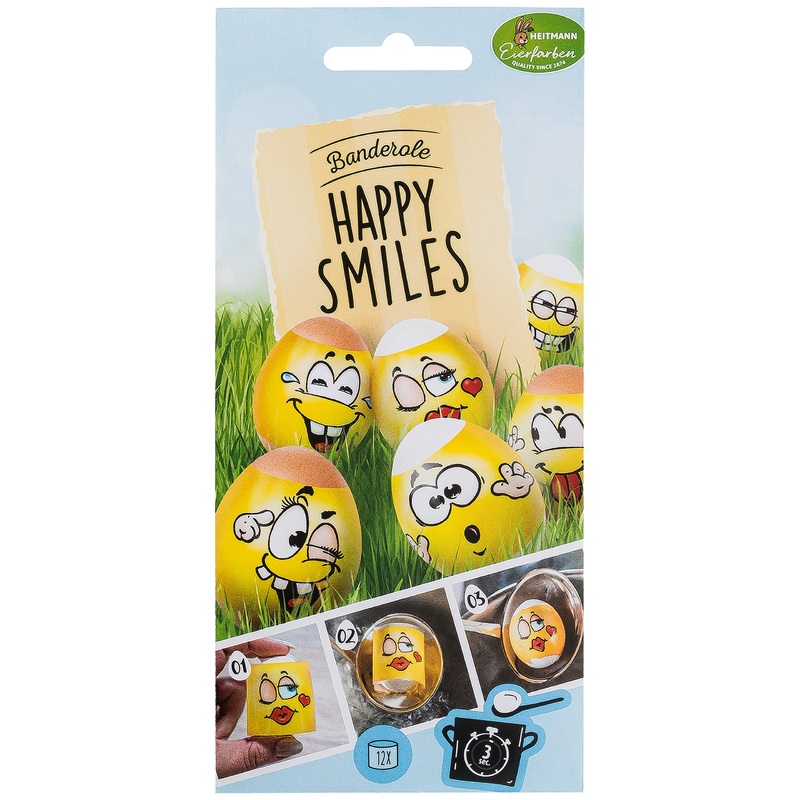 Heitmann Eierfarben – Banderole Happy Smiles – 12 Sleeves in 6 Designs