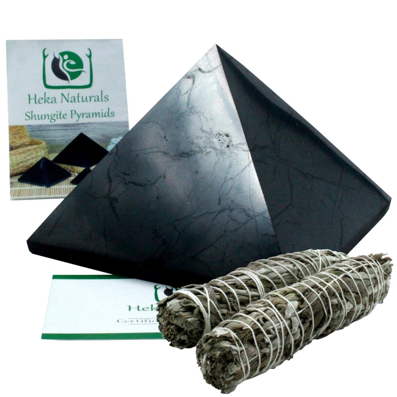 Heka Naturals Polished Shungite Pyramid Healing Crystals Gemstone | Home Decor Shungite Stone Crystal – Chakra Healing Meditation Pyramid for Negative Energy Protection (10cm + Sage)